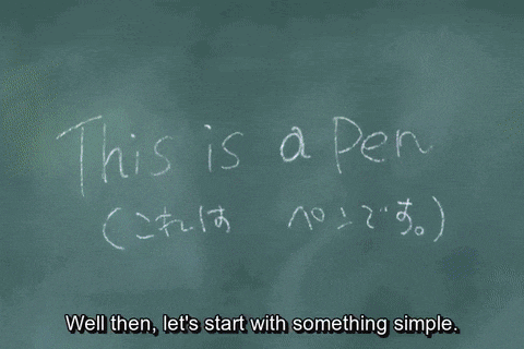 two anime characters are standing in front of a chalkboard that says this is a pen