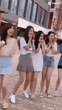 a group of young women are standing next to each other on a brick sidewalk .