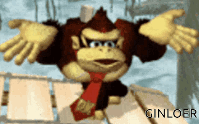 donkey kong is wearing a red scarf and has his arms outstretched and the word ginloer below him