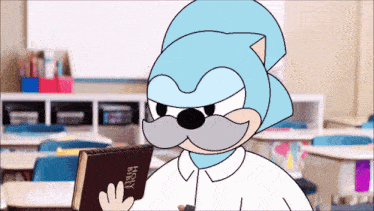 a cartoon character is reading the holy bible