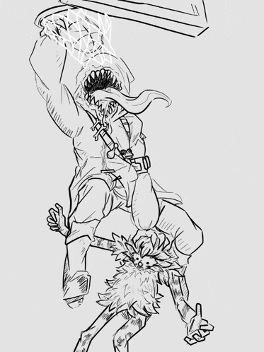 a black and white drawing of a man with a sword