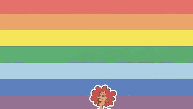 a couple of cartoon characters standing next to each other in front of a rainbow flag