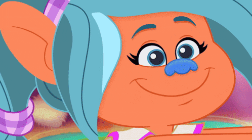 a cartoon character with blue hair and a blue nose is smiling