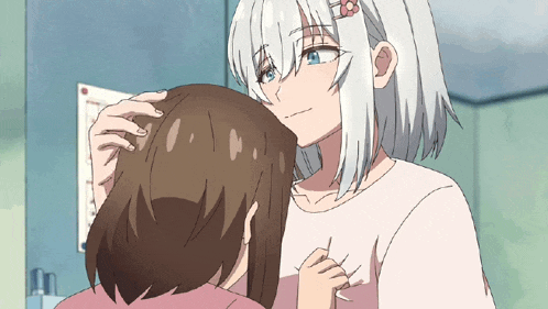 a girl with white hair is petting another girl 's hair