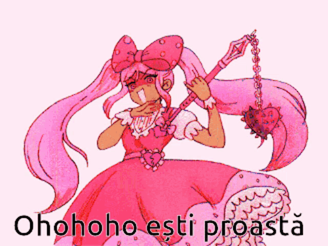 a drawing of a girl in a pink dress with the words ohooho esti proasta written below her
