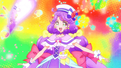 a girl in a purple dress and a white hat is standing in front of a colorful background .