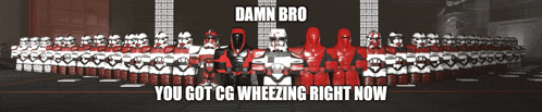 a group of red and white soldiers are lined up in a row with a caption that says damn bro