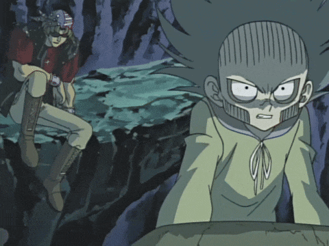 a cartoon character with a skull on his head is looking at another character