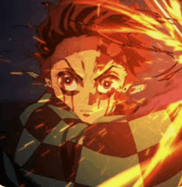 a close up of a demon slayer character with fire coming out of his eyes .