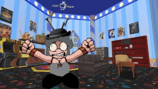 a cartoon character in a room with a sign that says ' nztv ' on the ceiling