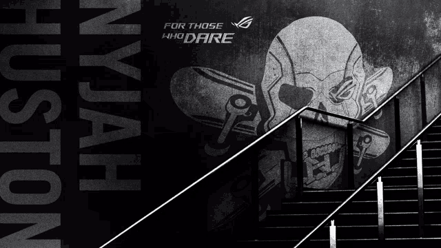 a black and white photo of a staircase with a skull and the words for those who dare on it