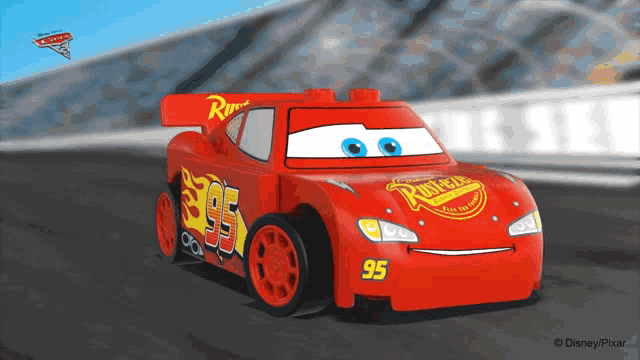 a disney pixar drawing of lightning mcqueen on a race track