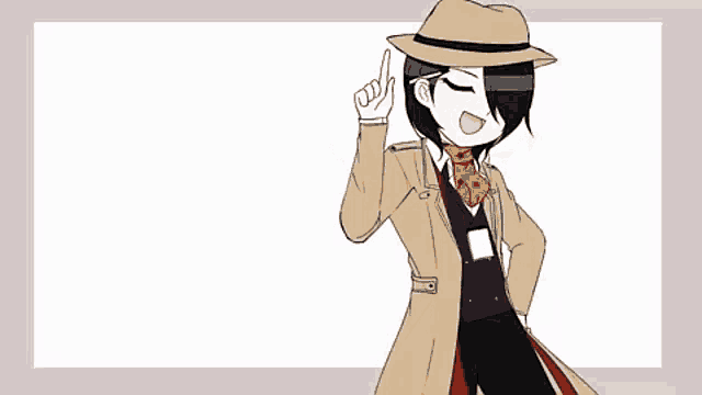 a cartoon character wearing a hat and a trench coat is pointing at something