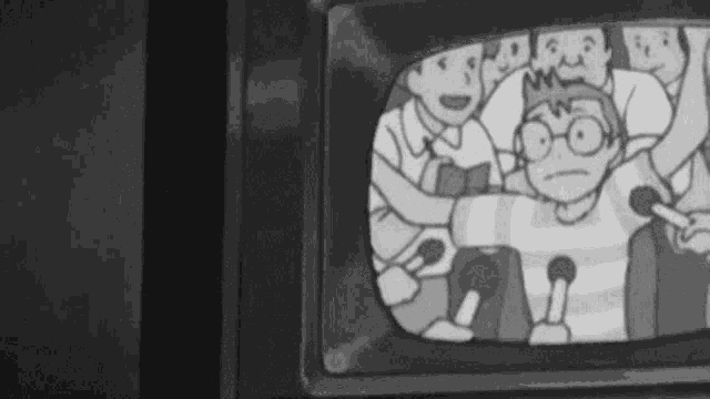 a black and white cartoon of a group of people standing around a man holding a microphone .
