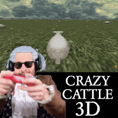 a video game called crazy cattle 3d with a man playing it