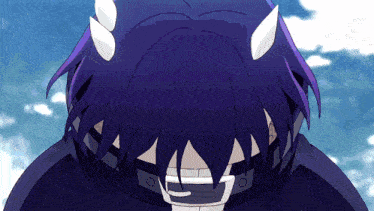 a person with purple hair and white horns covering their mouth