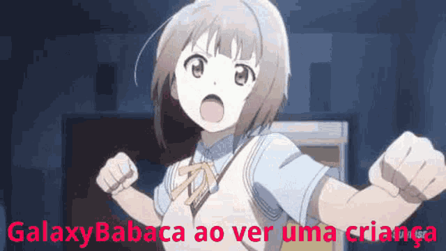 a girl in a school uniform is making a fist in the air .