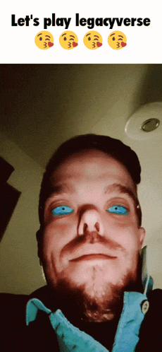 a man with blue eyes and the words let 's play legacyverse on the bottom