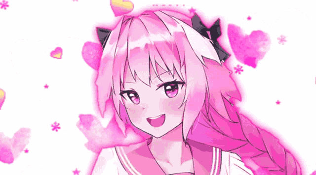 a girl with pink hair and blue eyes is smiling and surrounded by pink hearts .