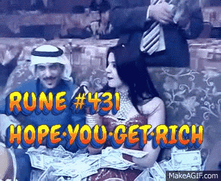 a man and a woman are sitting on a couch surrounded by money with the words rune # 431 hope you get rich above them