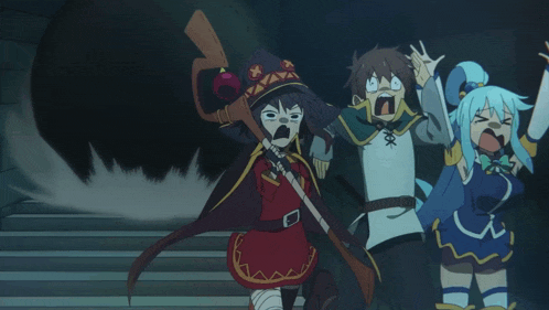 a group of anime characters including a girl with a red hat
