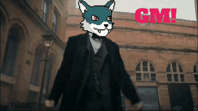 a pixel art of a man in a suit with the word gm written in red
