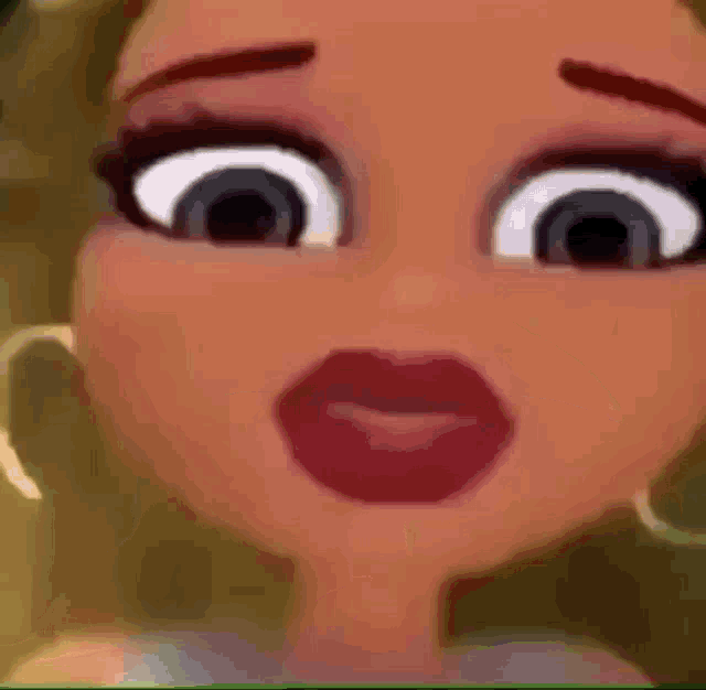 a close up of a cartoon girl 's face with red lips and hoop earrings .