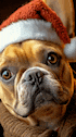 a close up of a bulldog wearing a santa hat .