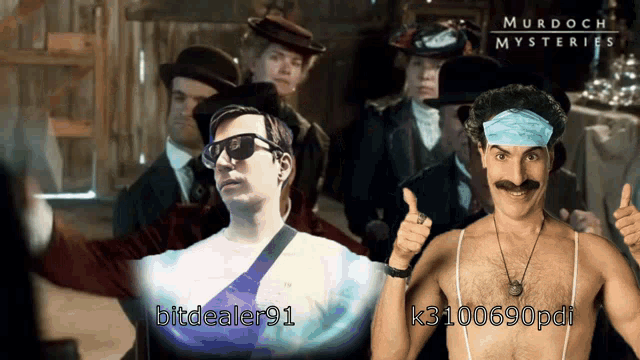 a poster for murdoch mysteries shows a man with a bandage on his head and another man giving a thumbs up