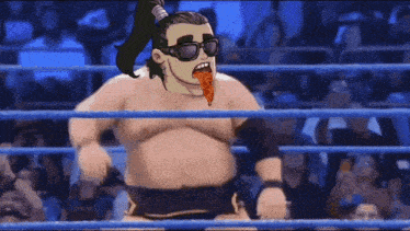 a cartoon of a man in a wrestling ring with a piece of pizza in his mouth .