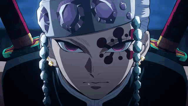 a close up of a cartoon character with a purple headband