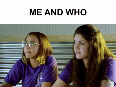 two girls are sitting next to each other with the words me and who written above them
