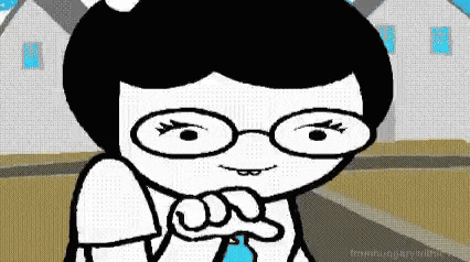 a black and white cartoon of a girl wearing glasses and a white shirt .