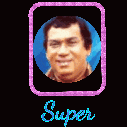 a picture of a man in a purple frame with the word super on it