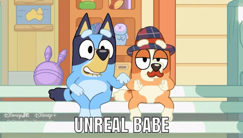 two cartoon dogs are sitting next to each other and the words unreal babe are on the bottom