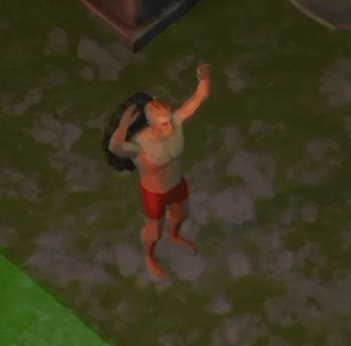 a man without a shirt is standing in a video game holding a bag on his head .
