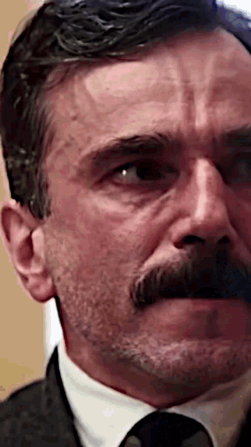 a close up of a man 's face with a beard and mustache