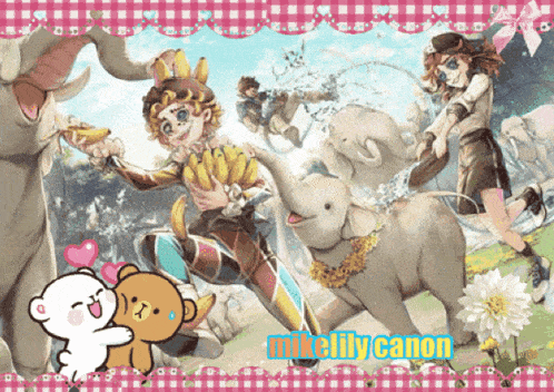 a picture of a clown and an elephant with the name mike lily canon