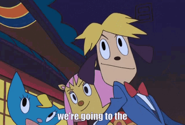 a cartoon character says " we 're going to the " next to two other characters