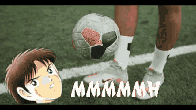 a soccer player is kicking a soccer ball on a field with the words mmmmh written below him