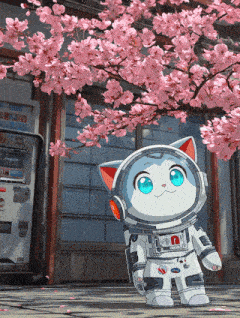 a cartoon cat in a space suit stands in front of a vending machine