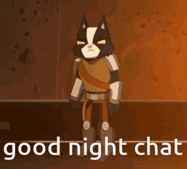 a cartoon cat is standing in front of a wall and says good night chat .