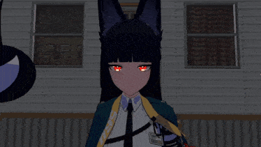 a girl with black hair and red eyes holds a gun in her hand