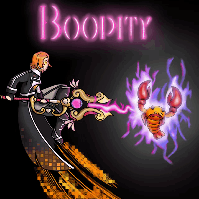 a drawing of a woman holding a sword and a crab with the word boopity above them