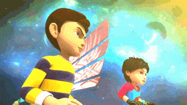 two cartoon boys are standing next to each other with wings