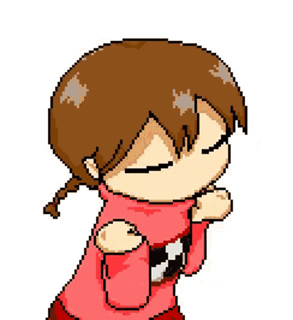 a pixel art drawing of a girl in a pink sweater with her eyes closed