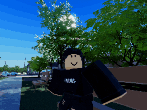 a roblox character is standing in front of a tree with the name fred the walker on it