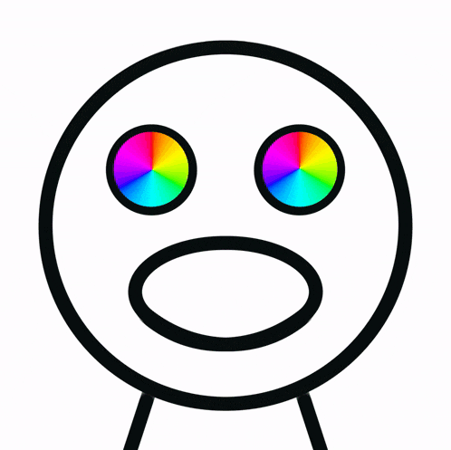 a black and white smiley face with a rainbow of eyes