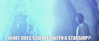 what does god need with a starship ? a man is standing in a room with a starship in the background .