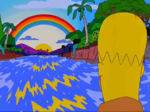 a cartoon drawing of homer simpson looking at a rainbow over a body of water